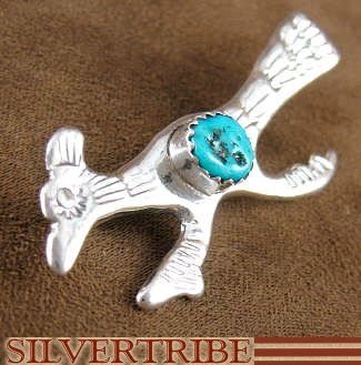 Navajo Indian Turquoise Sterling Silver Roadrunner Pin  