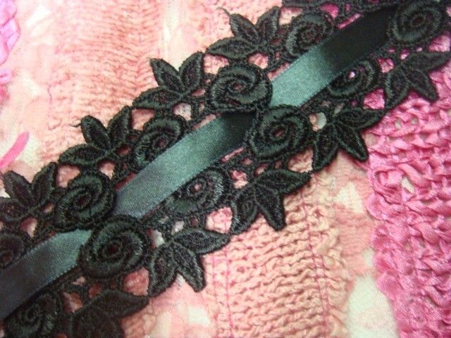   wholesaleVenice black satin ribbon insert rose bud Lace trim  