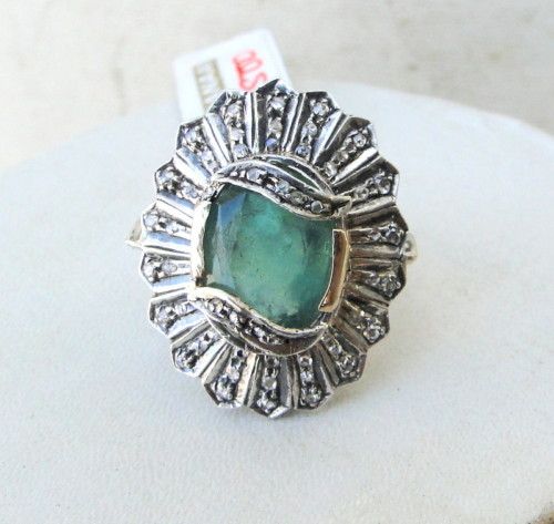 VICTORIAN DIAMOND NATURAL FLUORITE GOLD SILVER RING IND  