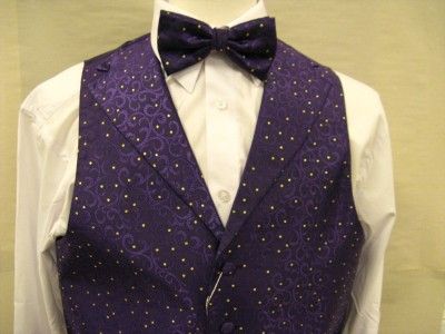 Mens Suit Tuxedo Dress Vest Necktie Bowtie Hanky Set Purple Paisley 