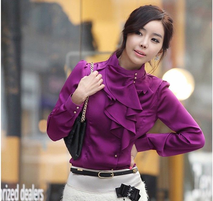 R070 New women long Sleeve Stand Collar Ruffle shirt tops blouse Size 
