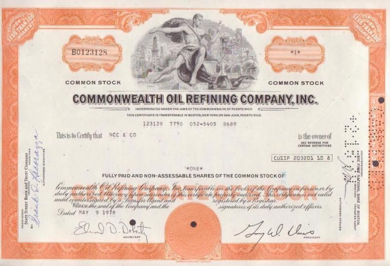 Puerto Rico Commonwealth Oil Refining Co. Stock Cert  