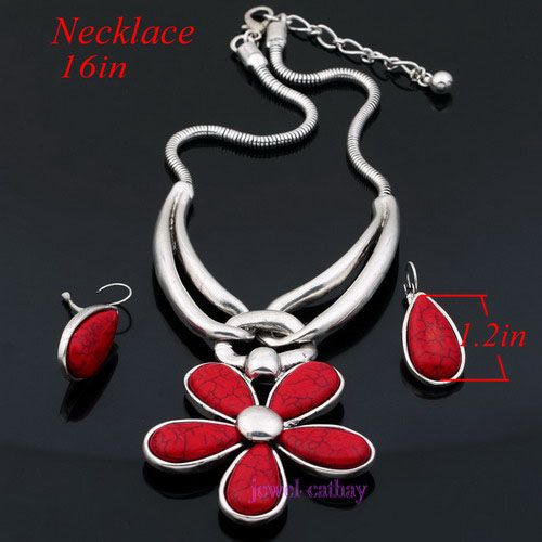 FLOWER RED TURQUOISE PENDANT women charms tibet silver gift earring 