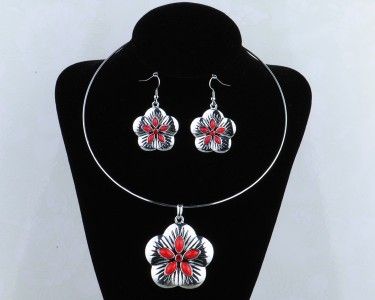 Tibet silver red turquoise plum blossom choker necklace&earrings one 