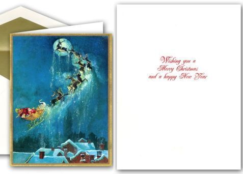 Caspari Christmas Greeting Cards   Santa in Sleigh Over Town (81312 