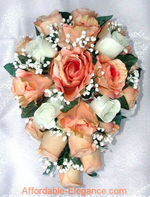 Peach Ivory White ROSES Silk Wedding Flowers BOUQUETS  