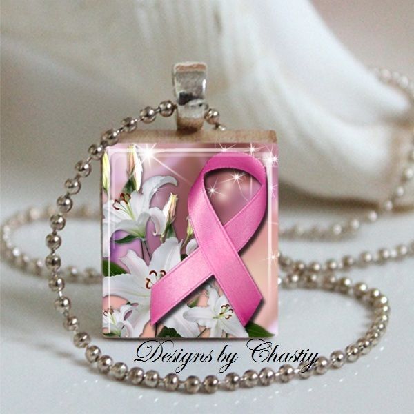  Cancer Awareness Pink Ribbon Scrabble Charm Pendant Necklace  
